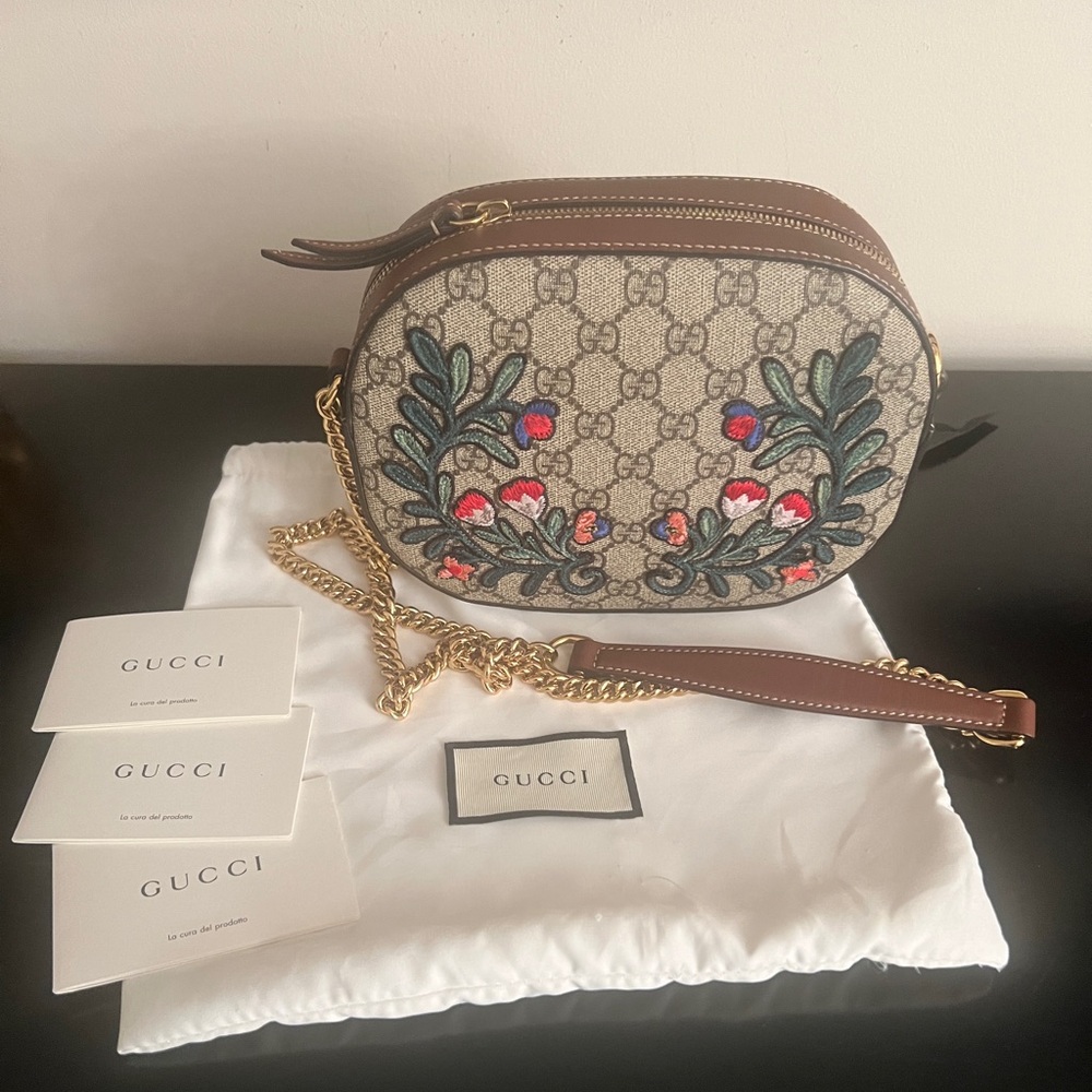 Gucci Beige and Brown Crossbody Bag with Floral Embroidery